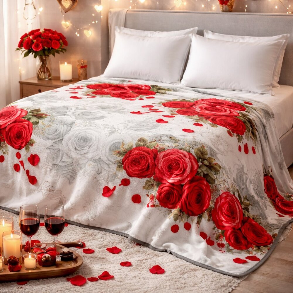 Romantic Rose Print Plush Throw Blanket Cozy Gift